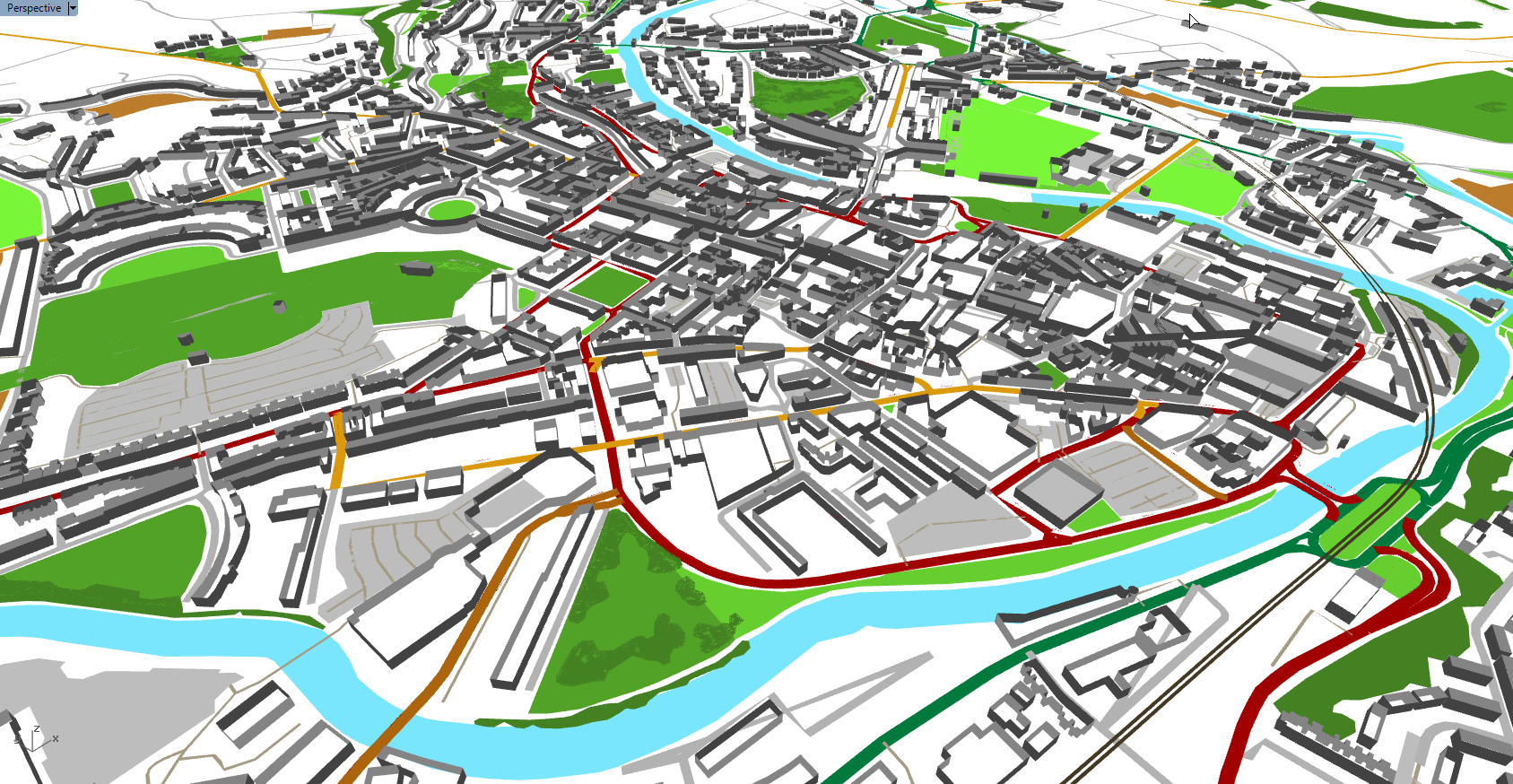 Rendering the city of Bath in Grasshopper and Rhino using the Elk plugin and OpenStreetMap data.