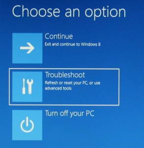 Windows 8 recovery screen - continue, troubleshoot, turn off your PC