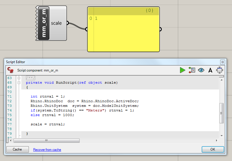 Example script showing how to get the measurement units in Rhino through the C# component in Grasshopper
